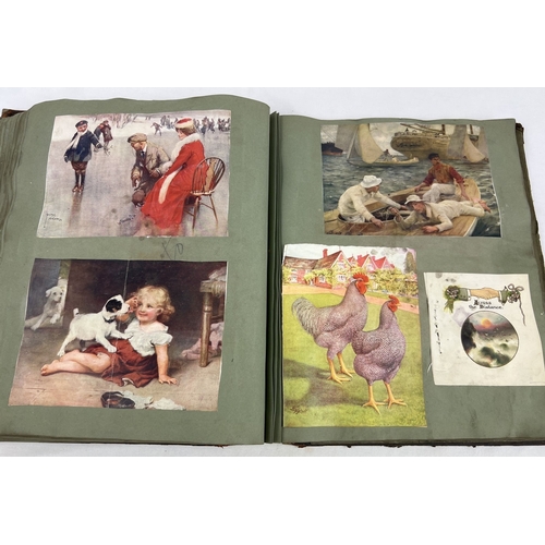 283 - A leather bounder Victorian scrap album (a/f) containing assorted greetings cards, coloured prints, ... 