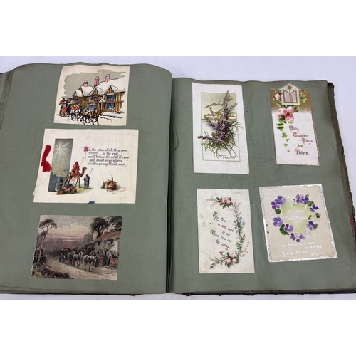 283 - A leather bounder Victorian scrap album (a/f) containing assorted greetings cards, coloured prints, ... 