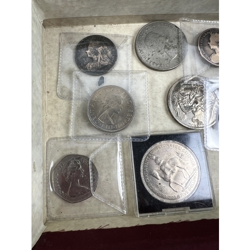 38 - A box containing a collection of antique and vintage coins, mostly commemorative crowns. Lots also i... 