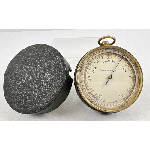 A 19th century antique pocket barometer altimeter by S B, with leather covered travelling case. 6.5cm diameter silvered dial, compensated, travelling case 7cm wide. Original SB instruction paper manual.