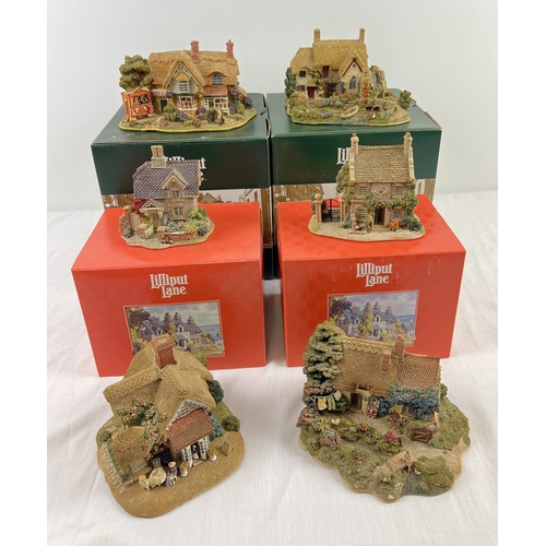 6 large Lillliput Lane collectable houses, 4 boxed, comprising Sweets & Treats (L2315), The Old Mill at Dunster (L2396), Sore Paws (L2022), Railway Cottage, Summer Days and Bargate Cottage Tea Room.