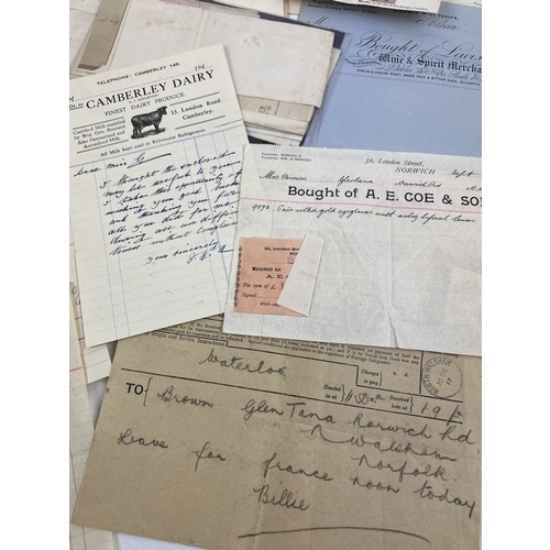 259 - A collection of assorted antique paperwork to include receipts, certificates, shares and telegraphs.