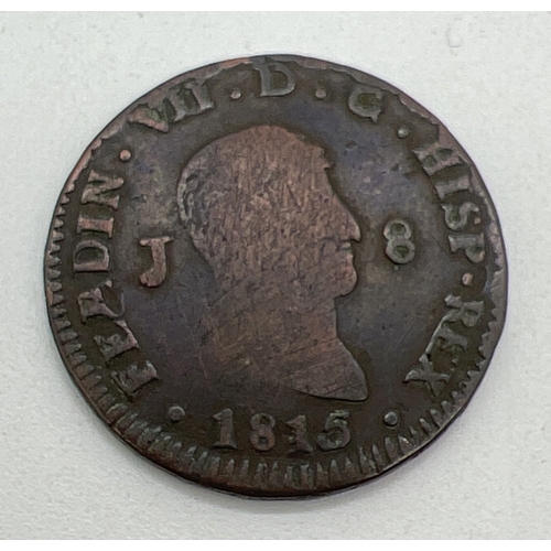 75 - An antique 1815 Ferdin VII Spanish copper 8 Maravedís Jubia coin.