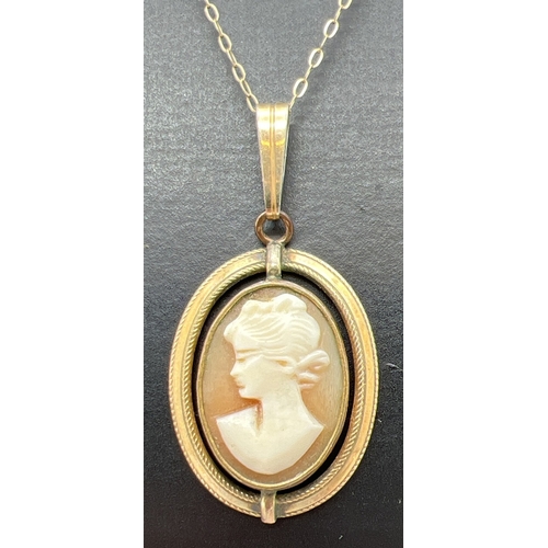 1050 - A rolled gold vintage cameo pendant on a 16 inch 9ct gold fine belcher chain with spring ring clasp.... 