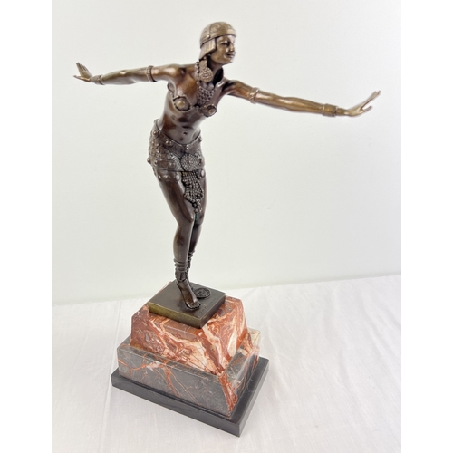 1138 - An Art Deco style bronze figurine of an exotic female dancer in Eastern attire - after Demetre Chapa... 