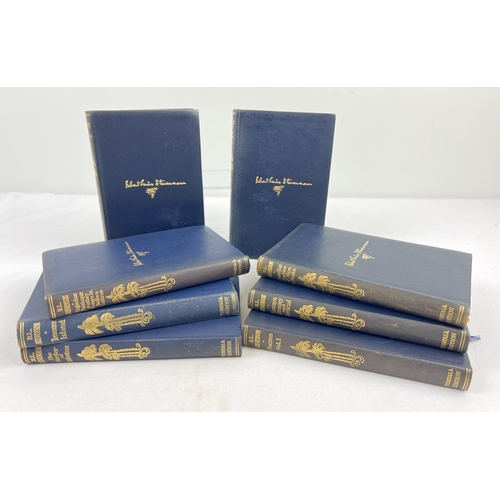 1322 - A collection of 8 1920's leather bound Robert Louis Stevenson books. Soft blue leather covers with g... 