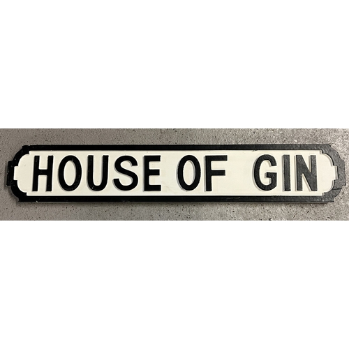 1342 - A modern painted wood 'House of Gin' sign, in the style of an old street sign. Approx. 79cm long.