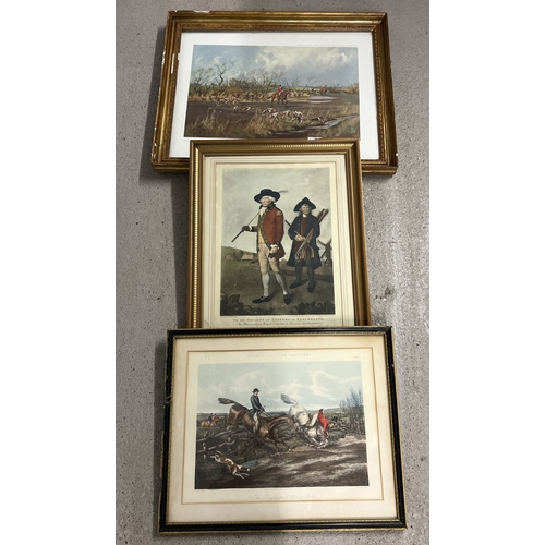 1359 - 3 framed and glazed vintage prints. 2 hunting scenes and a print depicting gentleman and his golf ca... 