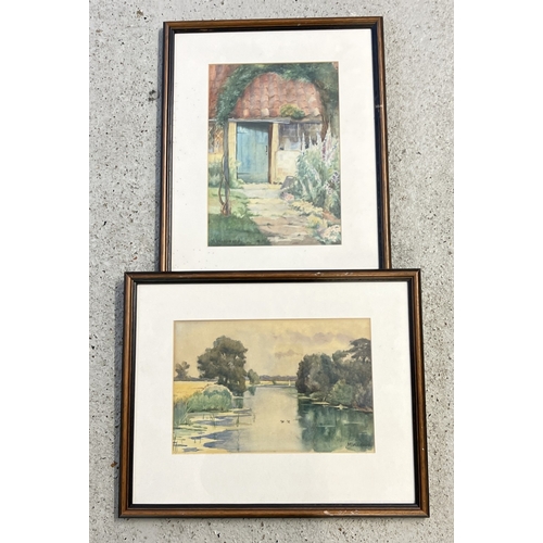 1360 - 2 framed & glazed watercolour paintings signed M. Wodward, a river landscape and a rural cottage doo... 