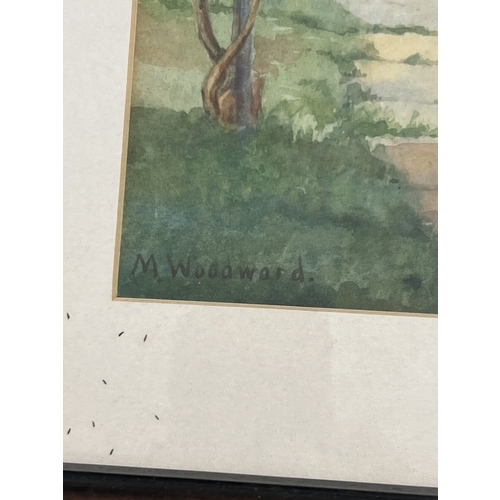 1360 - 2 framed & glazed watercolour paintings signed M. Wodward, a river landscape and a rural cottage doo... 