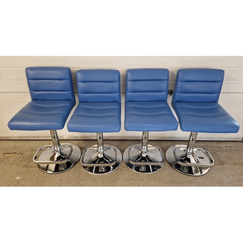 1366 - 4 Bright Blue Faux Leather Atlantic lush brush steel bar stools, in as new condition. With foot rest... 