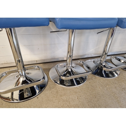 1366 - 4 Bright Blue Faux Leather Atlantic lush brush steel bar stools, in as new condition. With foot rest... 