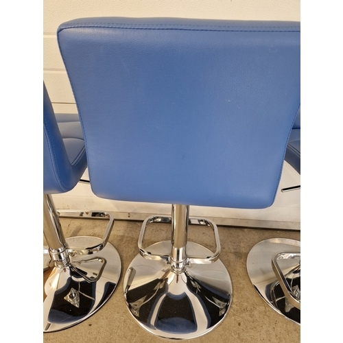 1366 - 4 Bright Blue Faux Leather Atlantic lush brush steel bar stools, in as new condition. With foot rest... 