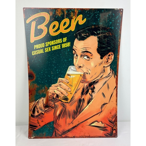 271 - A large modern humorous printed tin sign. With holes for wall fixing. Approx. 70cm x 50cm.