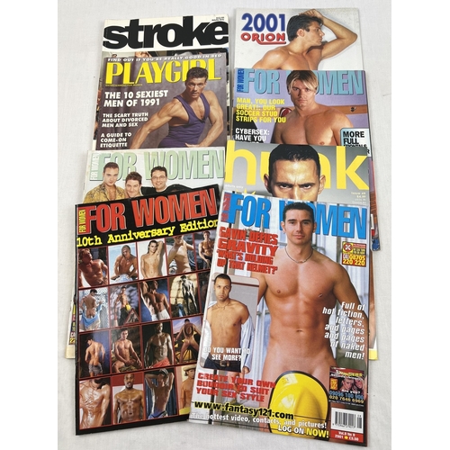 8 assorted adult erotic magazines to include For Women, Hunk, Stroke and Playgirl. To include 10th Anniversary edition of For Women.