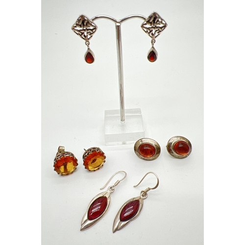 19 - 4 pairs of silver and white metal stone set drop and stud style earrings. To include oval amber set ... 