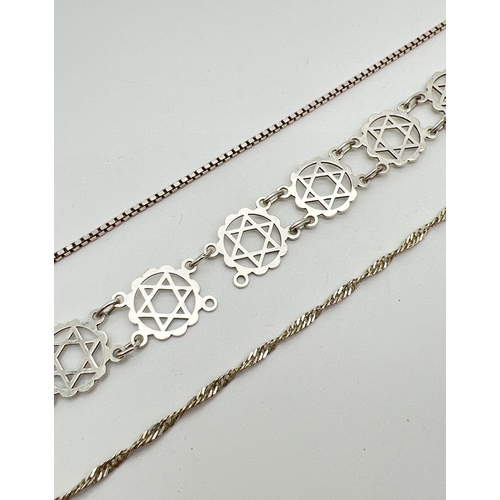 20 - 2 silver bracelets together with a silver ankle chain. A 9 panel bracelet with Star Of David design ... 