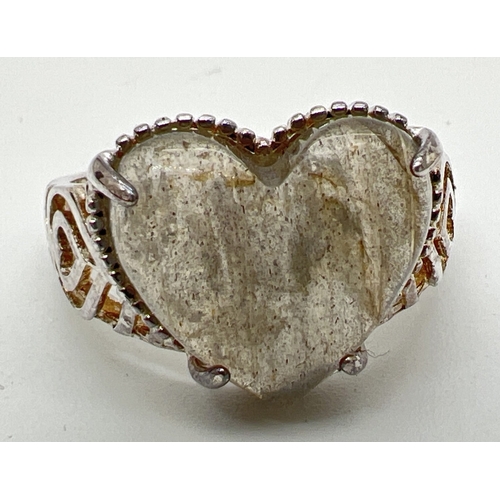 48 - A modern design heart shaped dress ring set with labradorite stone, by Gemporia. Pierced work design... 