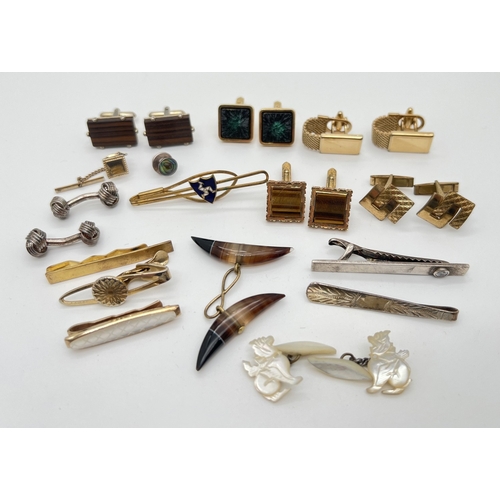 79 - A collection of vintage cuff links, tie pins and clips. To include mother of pearl dogs of fo, oblon... 