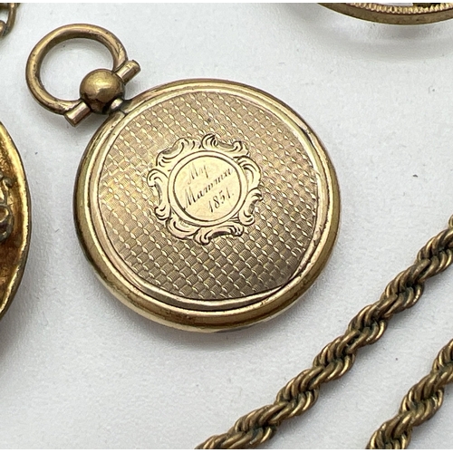 84 - A small collection of antique and vintage gold tone jewellery. To include a mourning locket containi... 