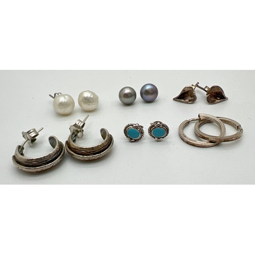 94 - 6 pairs of silver and white metal stud and hoop style earrings. To include freshwater pearl studs in... 