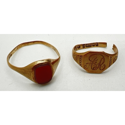 101 - 2 vintage 9ct gold rings for repair or scrap. A signet ring set with square of carnelian stone (miss... 