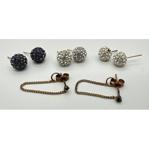 103 - 4 pairs of 9ct gold earrings. 3 pairs of disco ball stud earrings, 2 set with clear crystals and 1 s... 