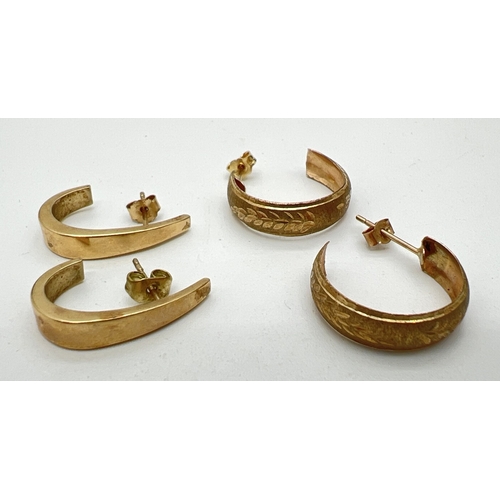 106 - 2 yellow gold half hoop style earrings. One pair with brushed gold effect and fern leaf style decora... 