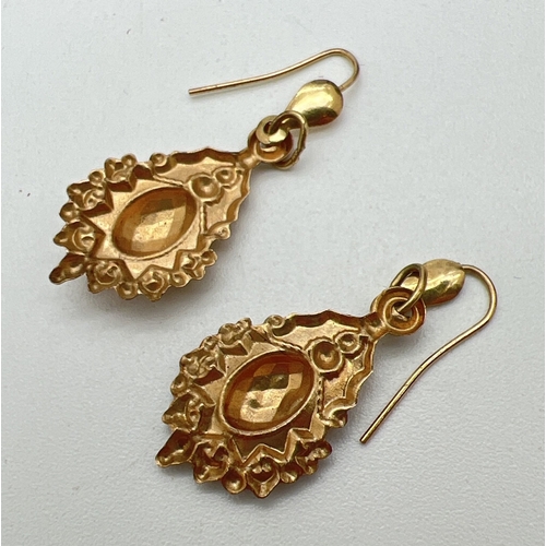 120 - A pair of Victorian style gold drop earrings with small central panel with checkerboard design. Not ... 