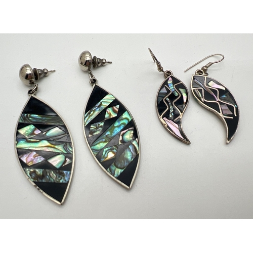 124 - 2 pairs of Mexican silver drop earrings both set with abalone shell and onyx. Largest pair approx. 6... 