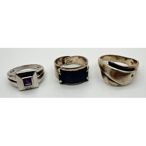 140 - 3 modern design silver rings. A crossover band set with a small diamond, by White Ice; a square set ... 