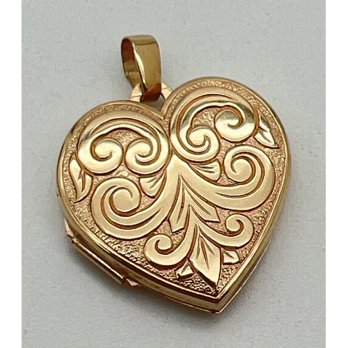 145 - A 9ct gold heart shaped locket with embossed scroll  & foliate design to front. Gold marks on fixed ... 