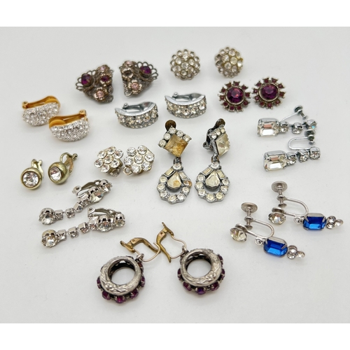 151 - 12 pairs of vintage diamante and stone set, clip on, lever back and screw back earrings. In half hoo... 