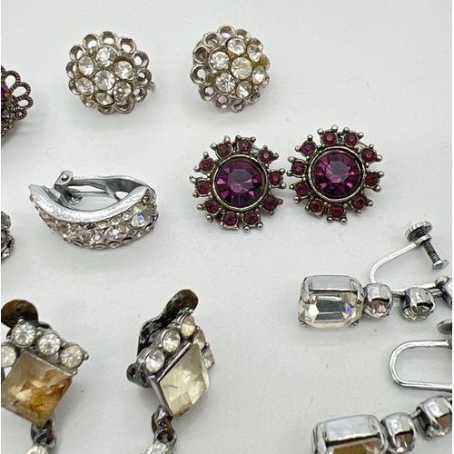 151 - 12 pairs of vintage diamante and stone set, clip on, lever back and screw back earrings. In half hoo... 