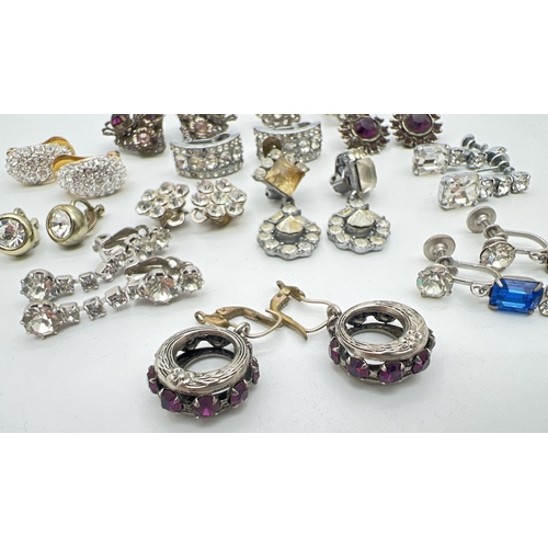 151 - 12 pairs of vintage diamante and stone set, clip on, lever back and screw back earrings. In half hoo... 