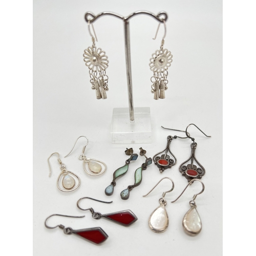 156 - 6 pairs of silver drop style earrings, mostly stone set. To include mother of pearl, moonstone and c... 