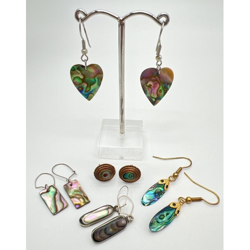 166 - 5 pairs of costume jewellery drop and stud style earrings, all set with abalone shell. To include ov... 