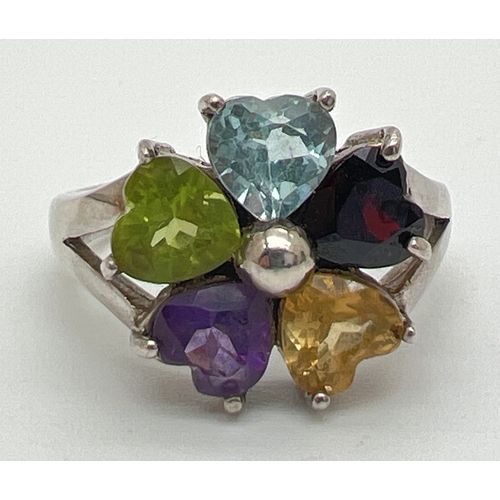 168 - A silver and multi gemstone flower design dress ring. Set with heart shaped cut citrine, amethyst, p... 