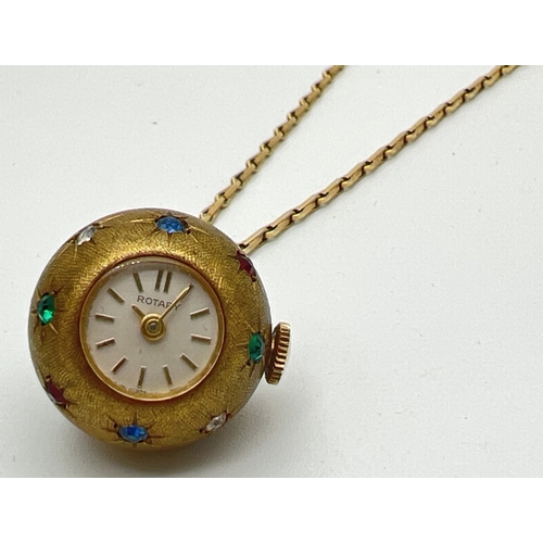 174 - A vintage 1960's stone set ball watch pendant necklace, by Rotary. Gold plated brushed effect case s... 