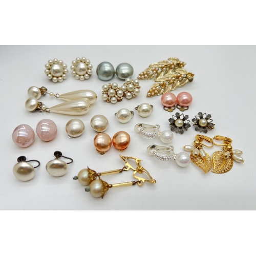 177 - 15 pairs of vintage and modern faux pearl clip on earrings. To include both drop and stud styles. Mo... 