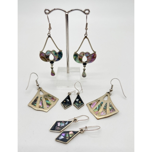 185 - 4 pairs of Mexican silver drop style earrings all set with black onyx and abalone shell. Silver mark... 