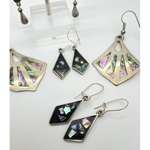 185 - 4 pairs of Mexican silver drop style earrings all set with black onyx and abalone shell. Silver mark... 