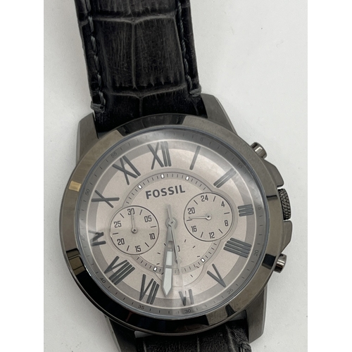 1118 - A men's chronograph wristwatch by Fossil, FS4766. Gunmetal grey stainless steel case with grey leath... 