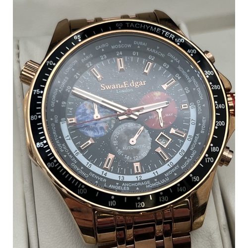 1122 - A boxed World Timer chronograph automatic wristwatch by Swan & Edgar, London. Rose gold tone stainle... 