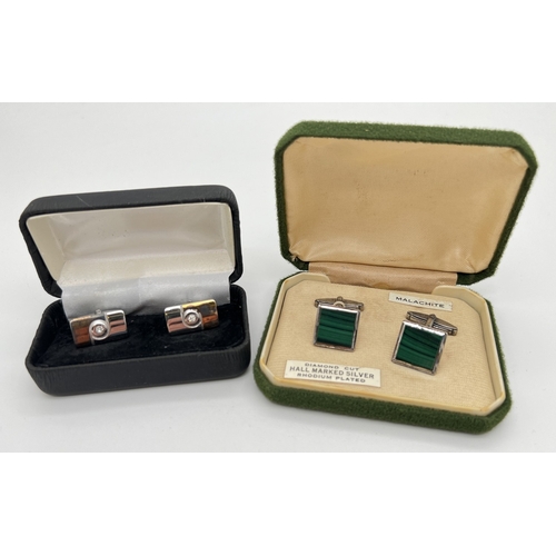 1027 - 2 pairs of boxed silver cufflinks. A modern design pair with silver gilt detail and central clear st... 