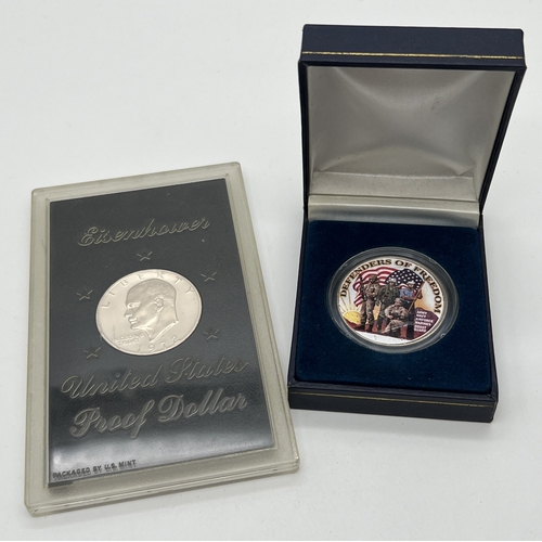 1193 - A 1972 Eisenhower One Dollar 40% silver proof coin in presentation case. Together with a 1974 one do... 