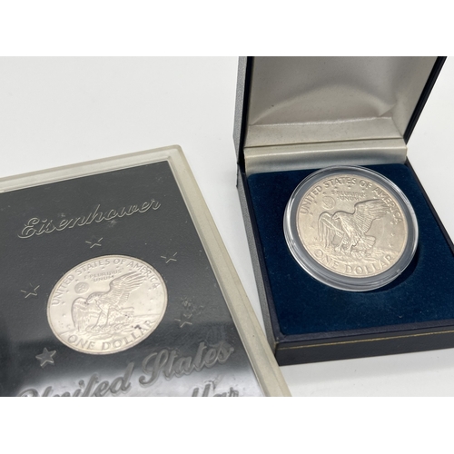 1193 - A 1972 Eisenhower One Dollar 40% silver proof coin in presentation case. Together with a 1974 one do... 