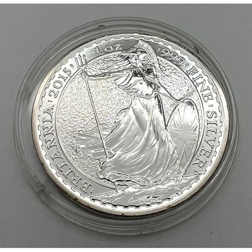 1196 - A 2015 .999 fine silver proof 1oz Britannia £2 coin. In clear protective case. Reverse shows Britann... 