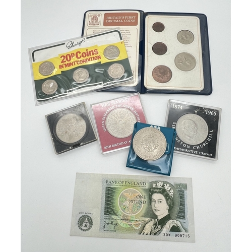 1197 - A collection of vintage coins and a bank note. Assorted commemorative coins together with a collecti... 