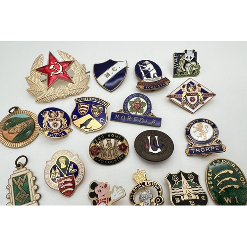 1309 - A collection of 32 assorted vintage enamelled pin badges, stick pins, tie pins and pendants. To incl... 